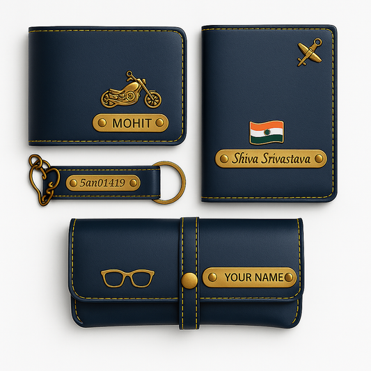 Customized Gift 4 in One Combo Of Wallet, Keychain, Sunglasses Cover & Passport Cover