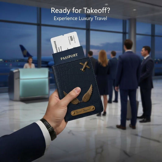 Personalized Croco Passport Cover with Gold Embellishments, with Black Leather, Customizable Name Plate (Black)