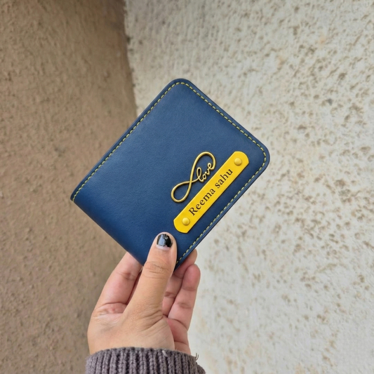 Personalized MK Leather Wallet with Gold Stitching, Card Holder with Name Plate, Bifold Design (Black)