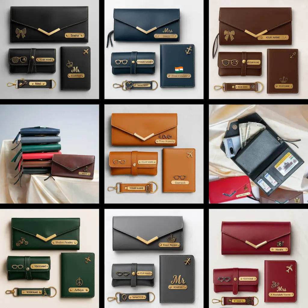 Customised 4 in one Pack of 3 Fold Clutch, Sunglasses Cover, Keychain & Passport Cover Gift Pack Celedhub