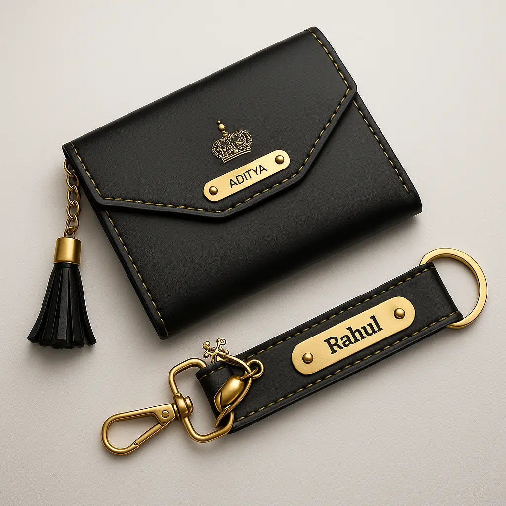 Personalized Leather Wallet with Gold Accents, Tassel Charm, Customizable Name Plate, Card Holder Celedhub