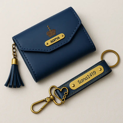 Personalized Leather Wallet with Gold Accents, Tassel Charm, Customizable Name Plate, Card Holder Celedhub