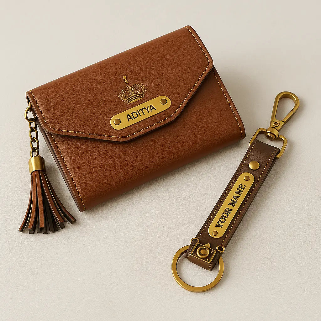 Personalized Leather Wallet with Gold Accents, Tassel Charm, Customizable Name Plate, Card Holder Celedhub