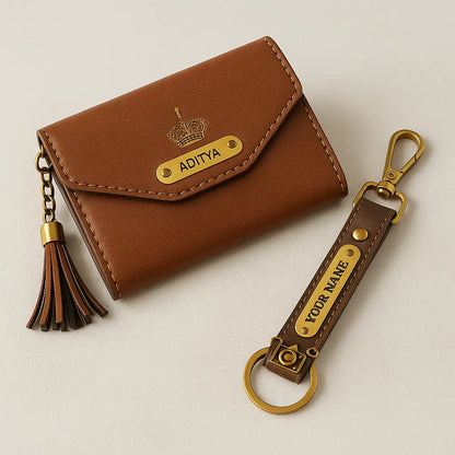 Personalized Leather Wallet with Gold Accents, Tassel Charm, Customizable Name Plate, Card Holder Celedhub