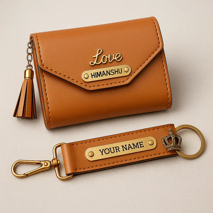 Personalized Leather Wallet with Gold Accents, Tassel Charm, Customizable Name Plate, Card Holder Celedhub