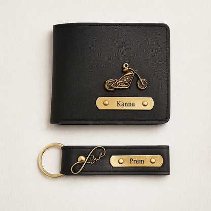 Personalized Leather Imported Wallet and Imported Keychain Set, Black and Brown, Gold Embellishments, Custom Name Engraving Celedhub