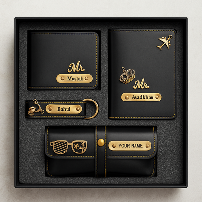 Customized Gift 4 in One Combo Of Wallet, Keychain, Sunglasses Cover & Passport Cover