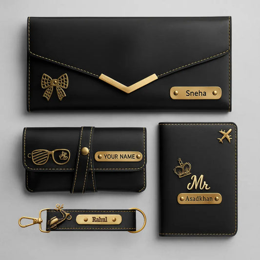 Customised 4 in one Pack of 3 Fold Clutch, Sunglasses Cover, Keychain & Passport Cover Gift Pack Celedhub