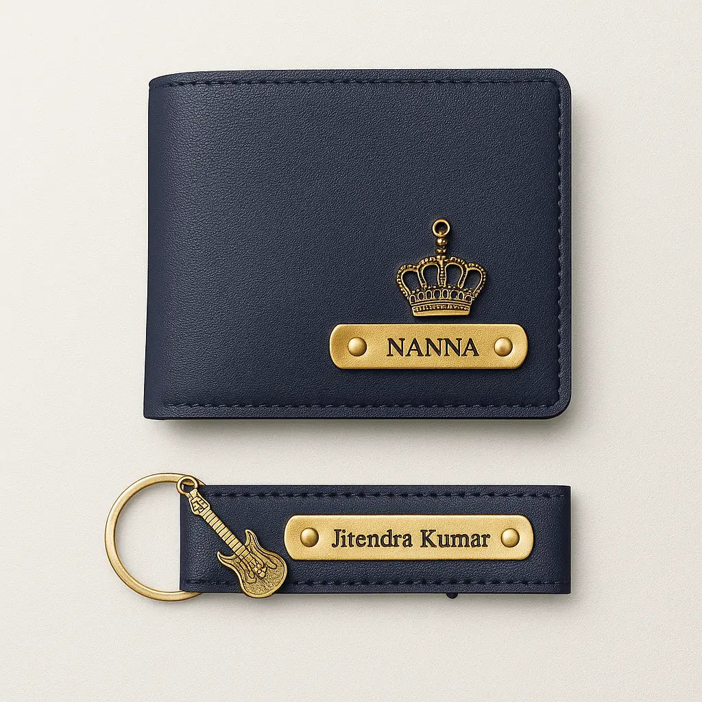 Personalized Leather Imported Wallet and Imported Keychain Set, Black and Brown, Gold Embellishments, Custom Name Engraving Celedhub