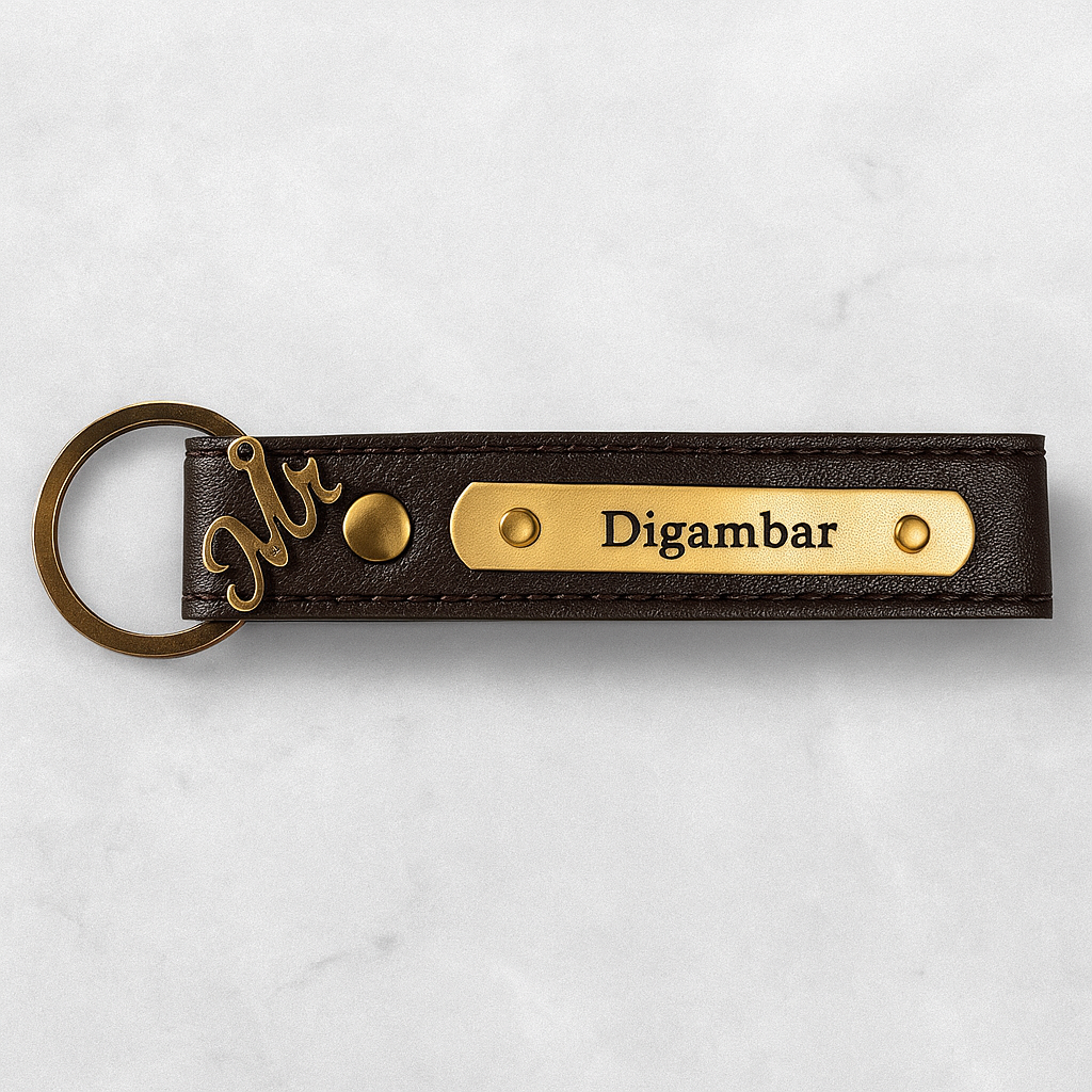 Personalized Imported Leather Keychain with Gold Love Text and Name Plate, Premium Metal Ring, Custom Engraved