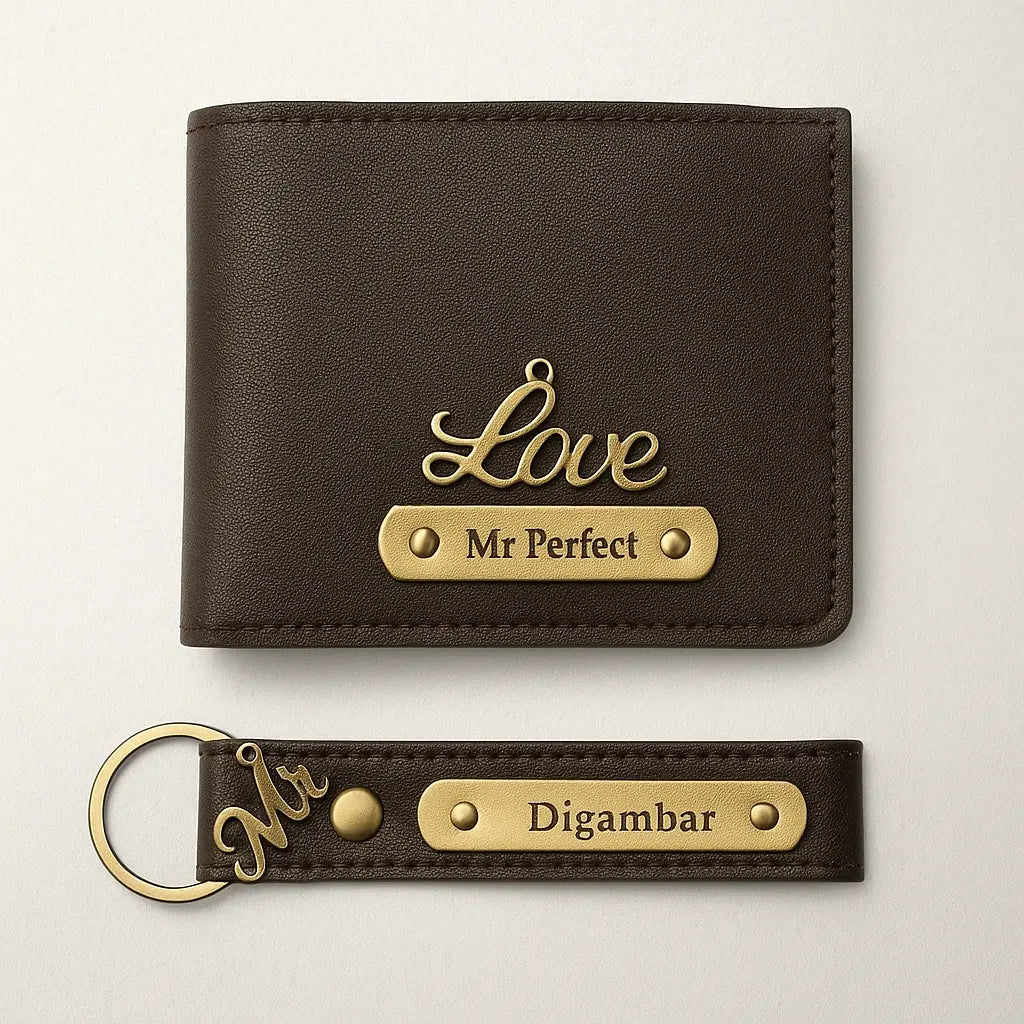 Personalized Leather Imported Wallet and Imported Keychain Set, Black and Brown, Gold Embellishments, Custom Name Engraving Celedhub