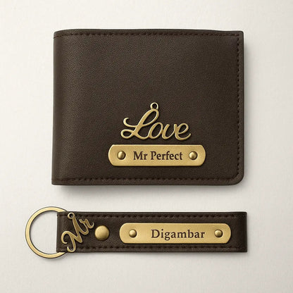 Personalized Leather Imported Wallet and Imported Keychain Set, Black and Brown, Gold Embellishments, Custom Name Engraving Celedhub