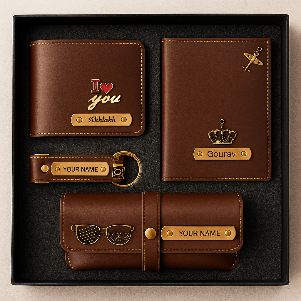 Customized Gift 4 in One Combo Of Wallet, Keychain, Sunglasses Cover & Passport Cover