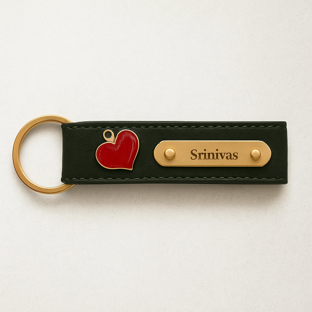 Personalized Imported Leather Keychain with Gold Love Text and Name Plate, Premium Metal Ring, Custom Engraved