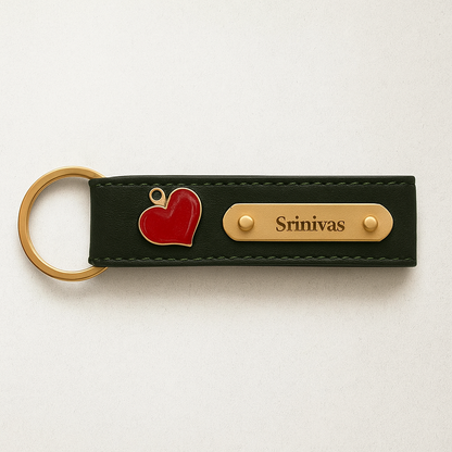 Personalized Imported Leather Keychain with Gold Love Text and Name Plate, Premium Metal Ring, Custom Engraved