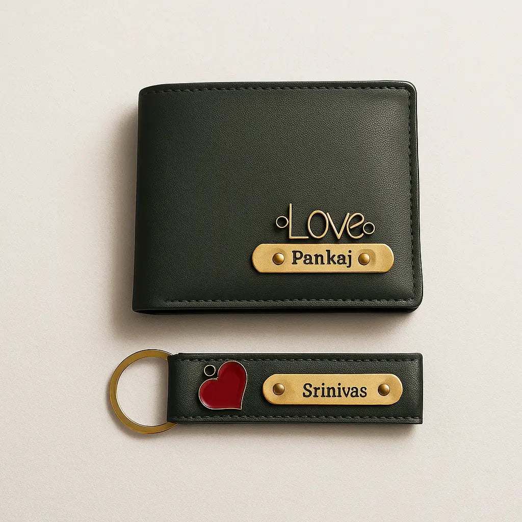 Personalized Leather Imported Wallet and Imported Keychain Set, Black and Brown, Gold Embellishments, Custom Name Engraving Celedhub