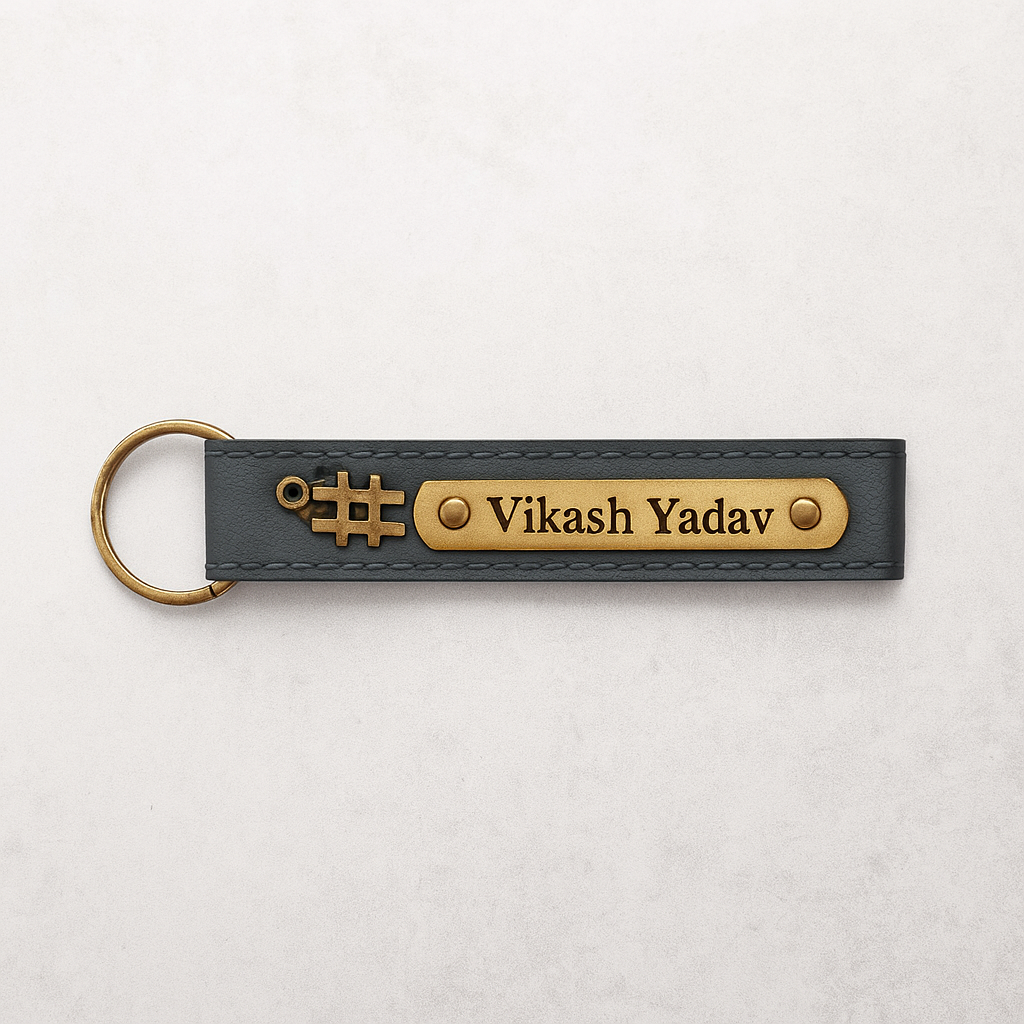 Personalized Imported Leather Keychain with Gold Love Text and Name Plate, Premium Metal Ring, Custom Engraved