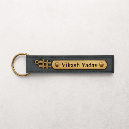 Personalized Imported Leather Keychain with Gold Love Text and Name Plate, Premium Metal Ring, Custom Engraved