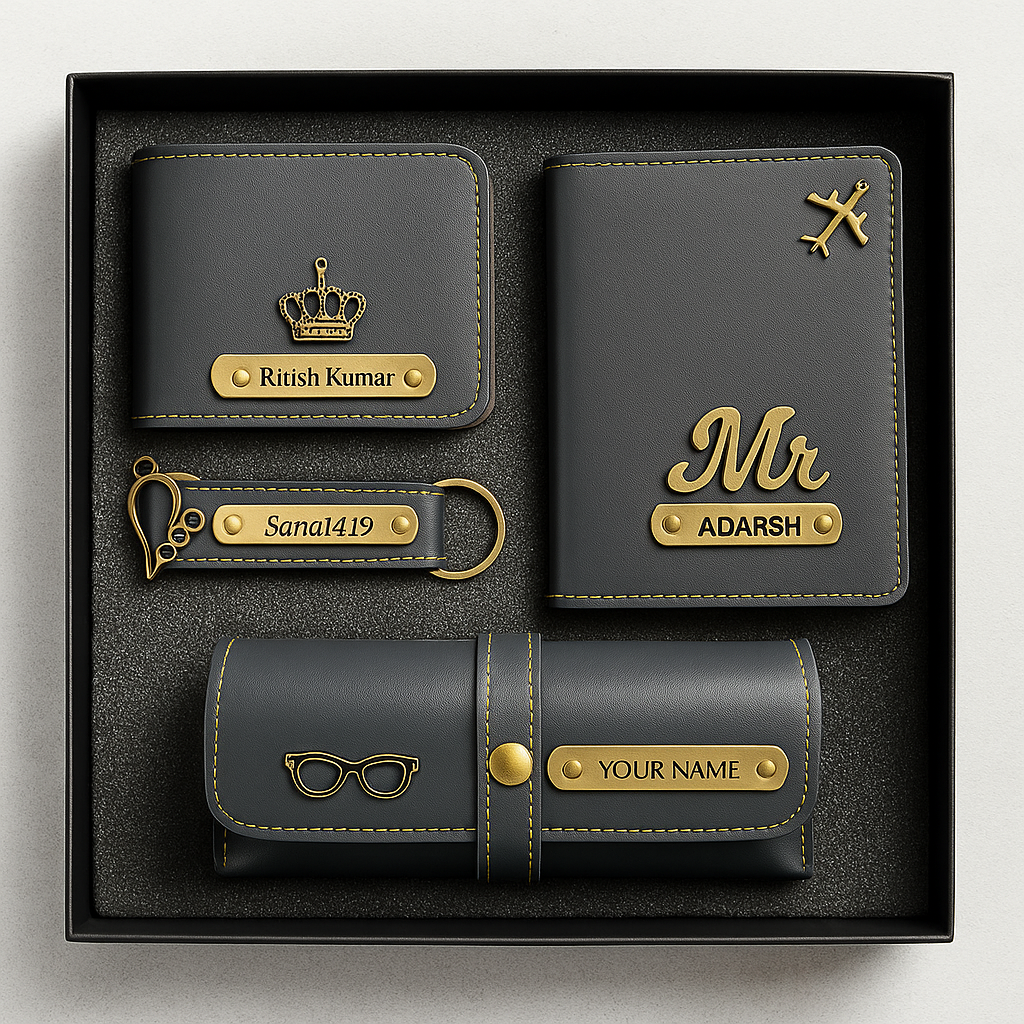 Customized Gift 4 in One Combo Of Wallet, Keychain, Sunglasses Cover & Passport Cover
