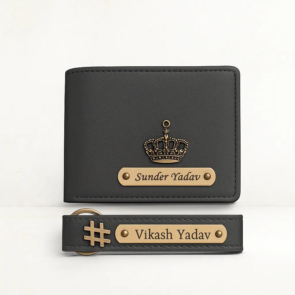 Personalized Leather Imported Wallet and Imported Keychain Set, Black and Brown, Gold Embellishments, Custom Name Engraving Celedhub