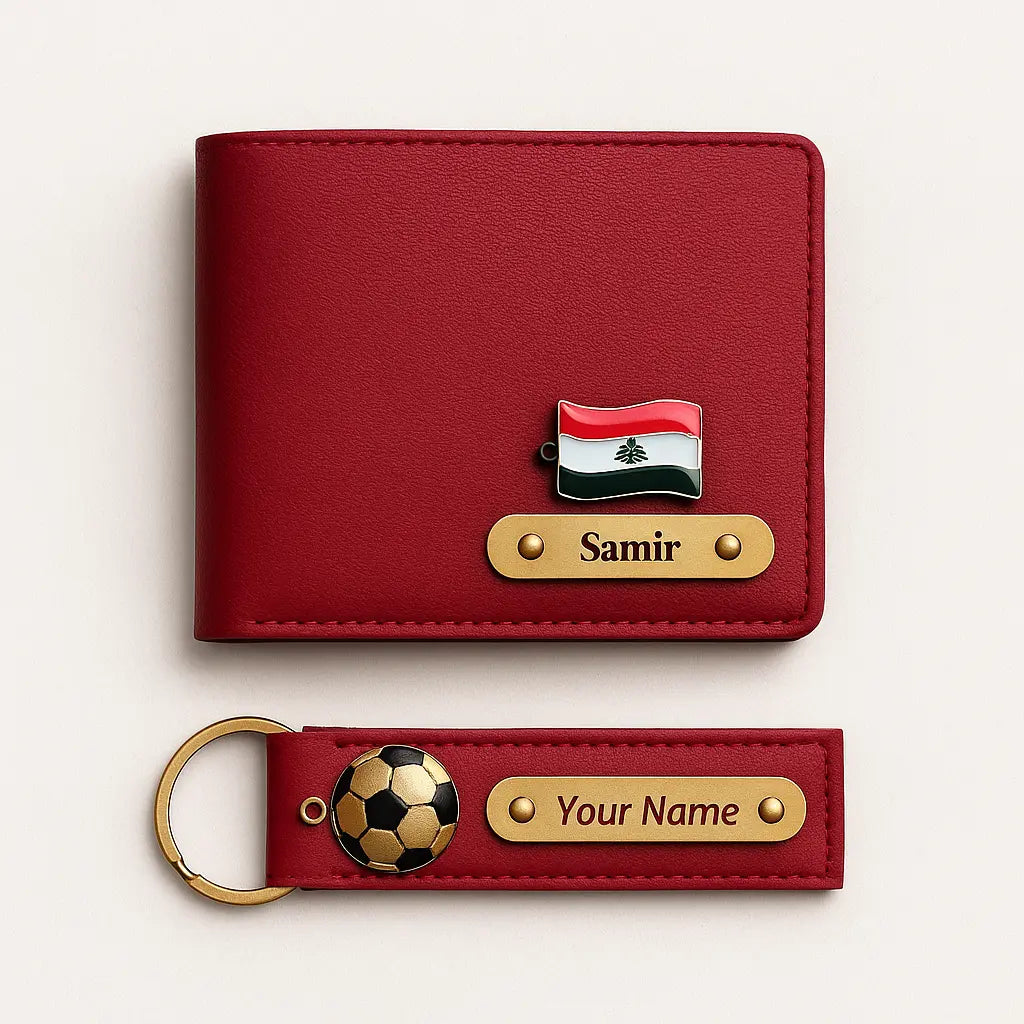 Personalized Leather Imported Wallet and Imported Keychain Set, Black and Brown, Gold Embellishments, Custom Name Engraving Celedhub