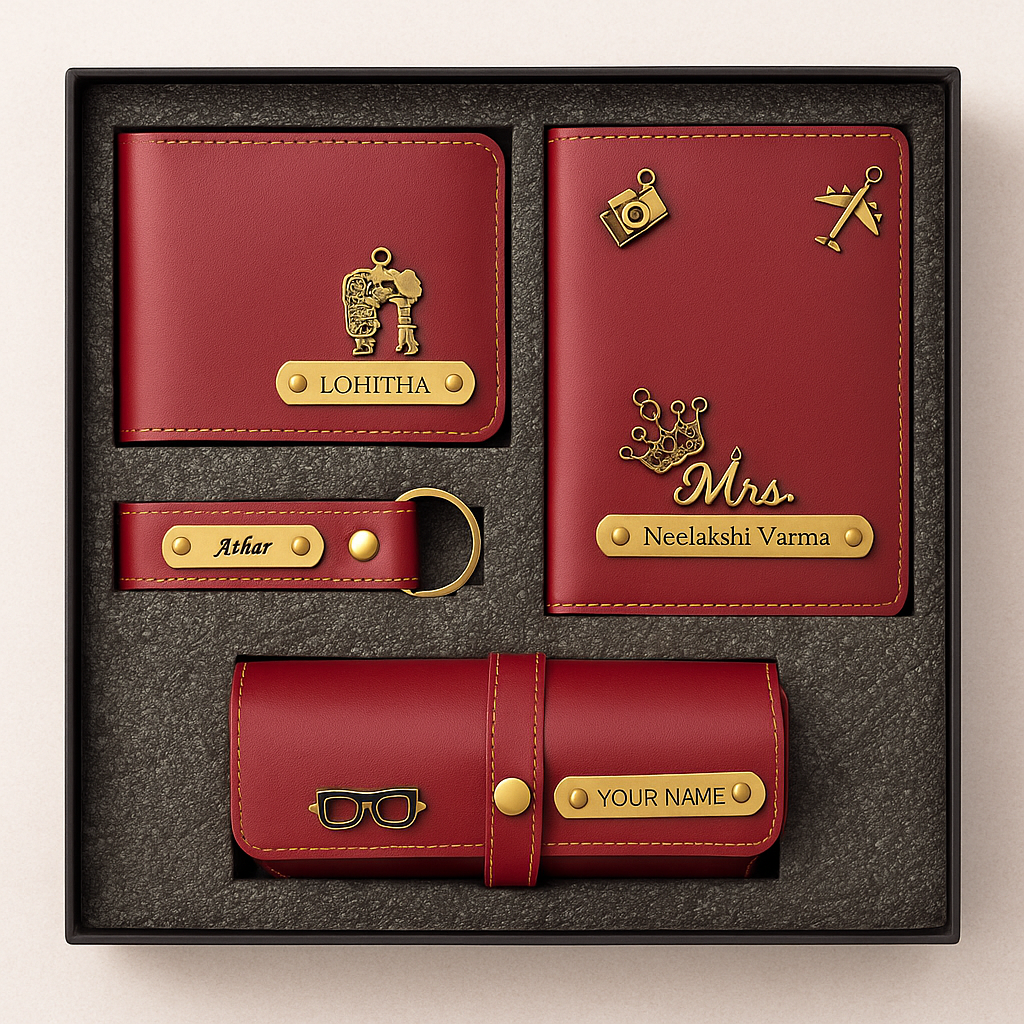 Customized Gift 4 in One Combo Of Wallet, Keychain, Sunglasses Cover & Passport Cover