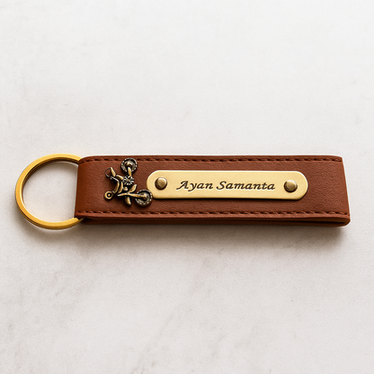Personalized Imported Leather Keychain with Gold Love Text and Name Plate, Premium Metal Ring, Custom Engraved