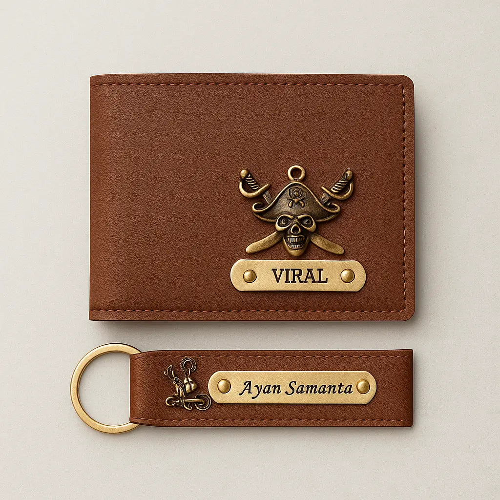 Personalized Leather Imported Wallet and Imported Keychain Set, Black and Brown, Gold Embellishments, Custom Name Engraving Celedhub