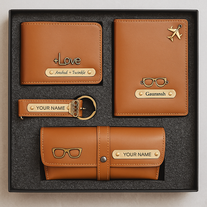 Customized Gift 4 in One Combo Of Wallet, Keychain, Sunglasses Cover & Passport Cover