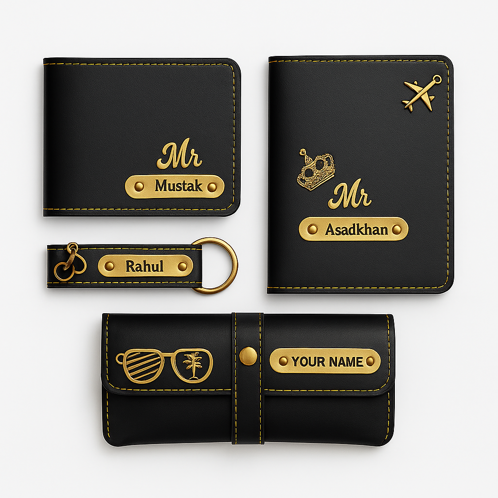 Customized Gift 4 in One Combo Of Wallet, Keychain, Sunglasses Cover & Passport Cover