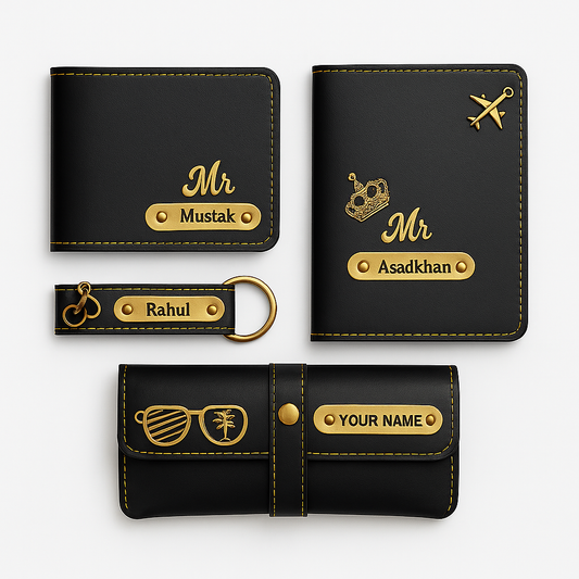Customized Gift 4 in One Combo Of Wallet, Keychain, Sunglasses Cover & Passport Cover