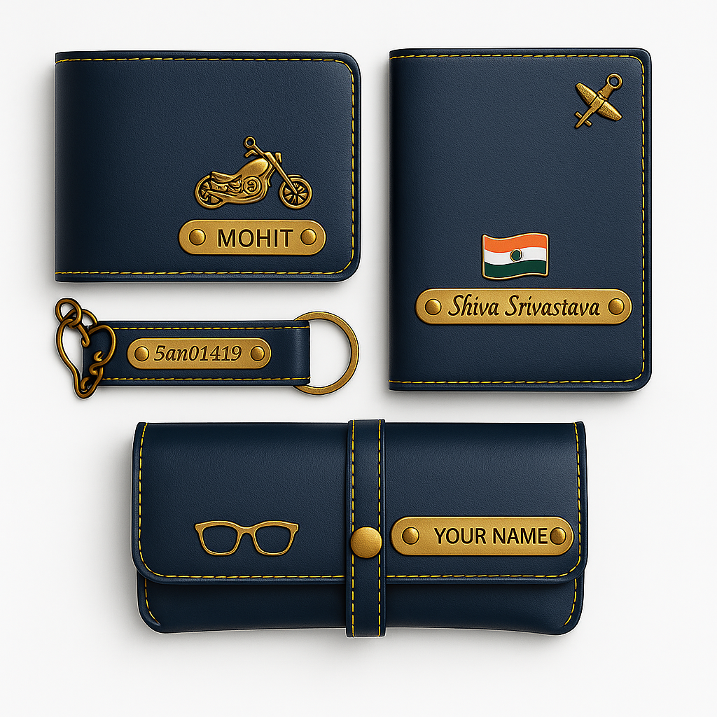 Customized Gift 4 in One Combo Of Wallet, Keychain, Sunglasses Cover & Passport Cover