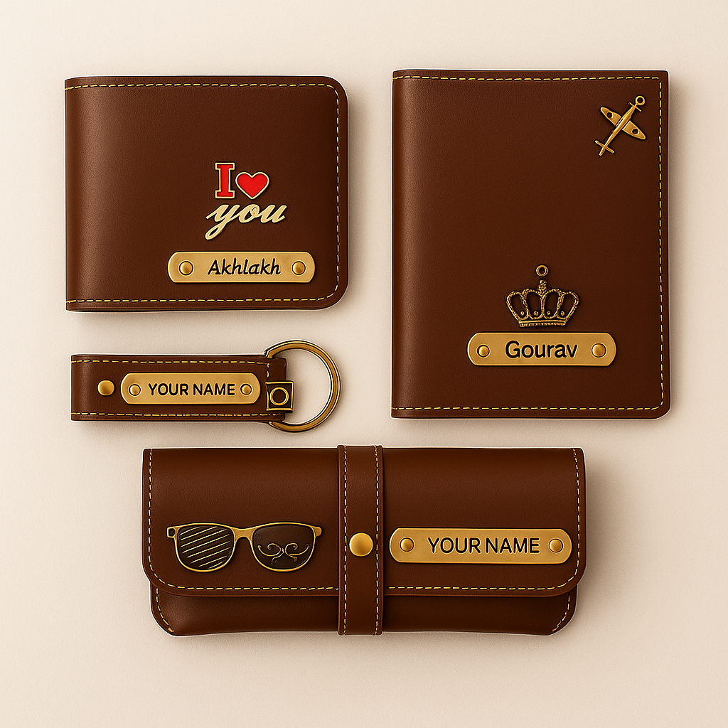 Customized Gift 4 in One Combo Of Wallet, Keychain, Sunglasses Cover & Passport Cover