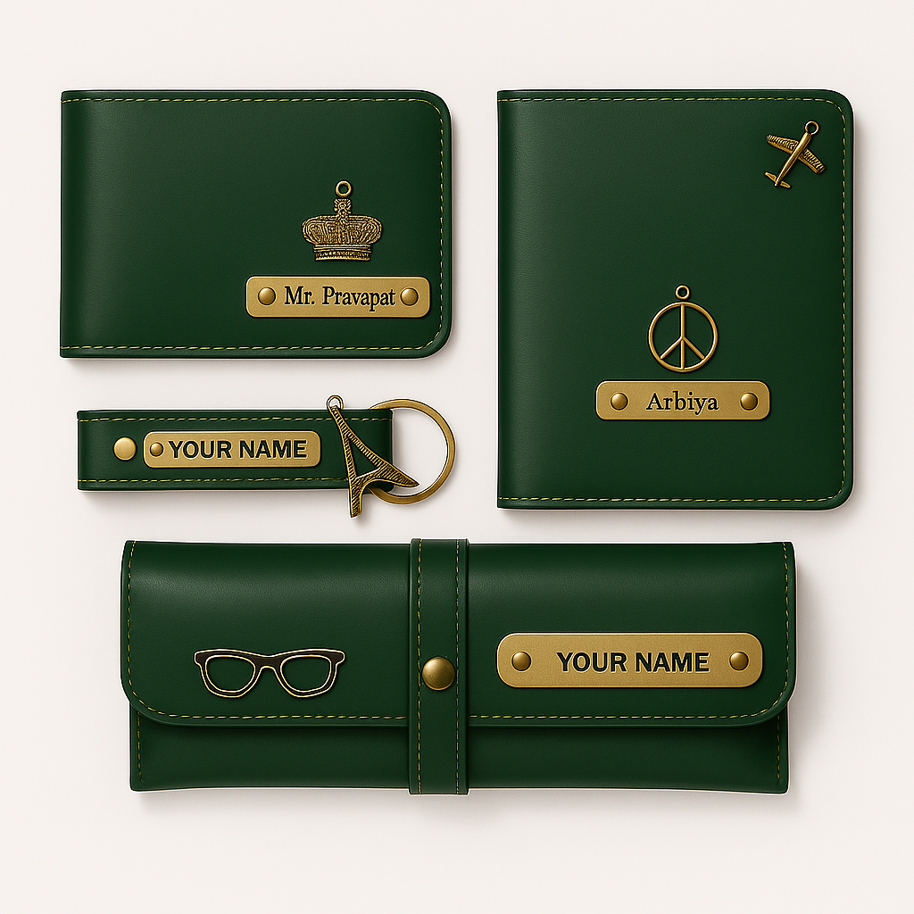Customized Gift 4 in One Combo Of Wallet, Keychain, Sunglasses Cover & Passport Cover