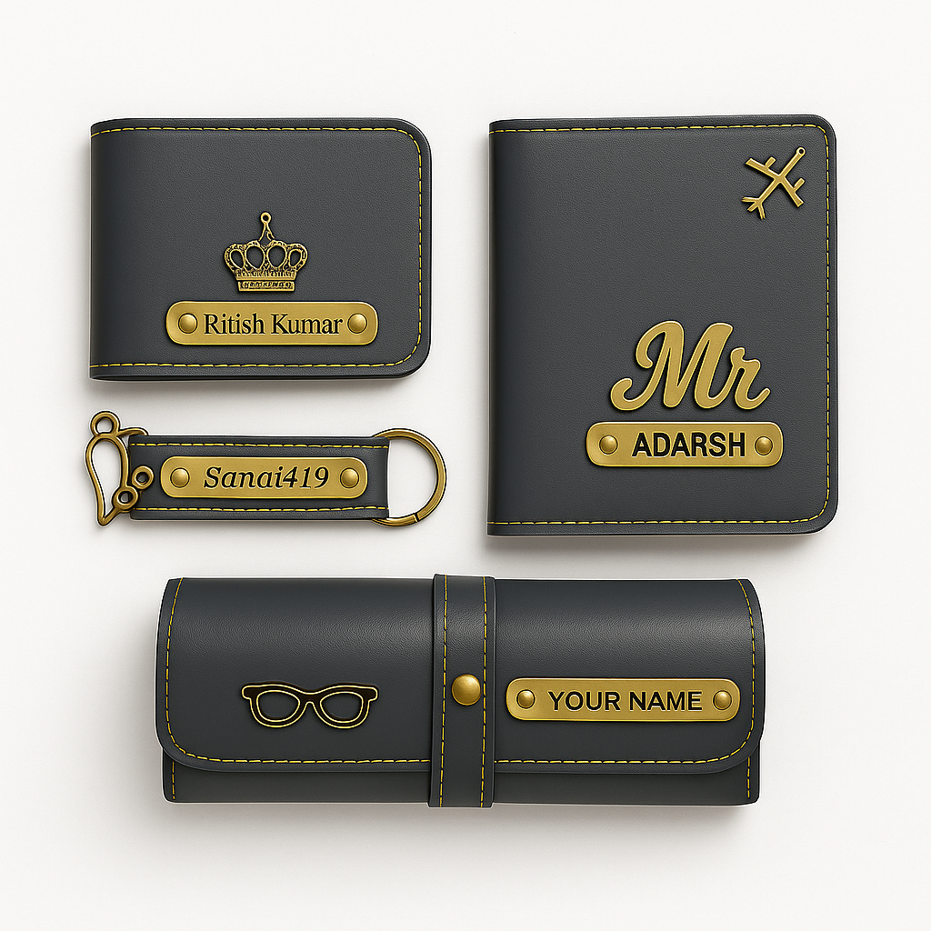 Customized Gift 4 in One Combo Of Wallet, Keychain, Sunglasses Cover & Passport Cover