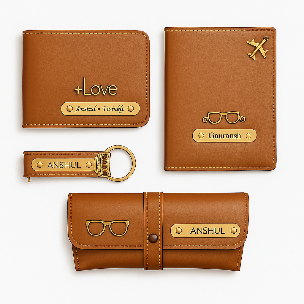 Customized Gift 4 in One Combo Of Wallet, Keychain, Sunglasses Cover & Passport Cover