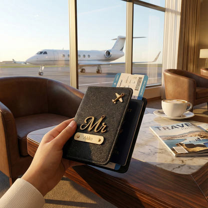 Luxury Personalized Gliter Passport Cover for Men | Custom Name Plate | Premium Leather Passport Holder | Stylish Travel Accessory Gift for Husband, Boyfriend & Brother