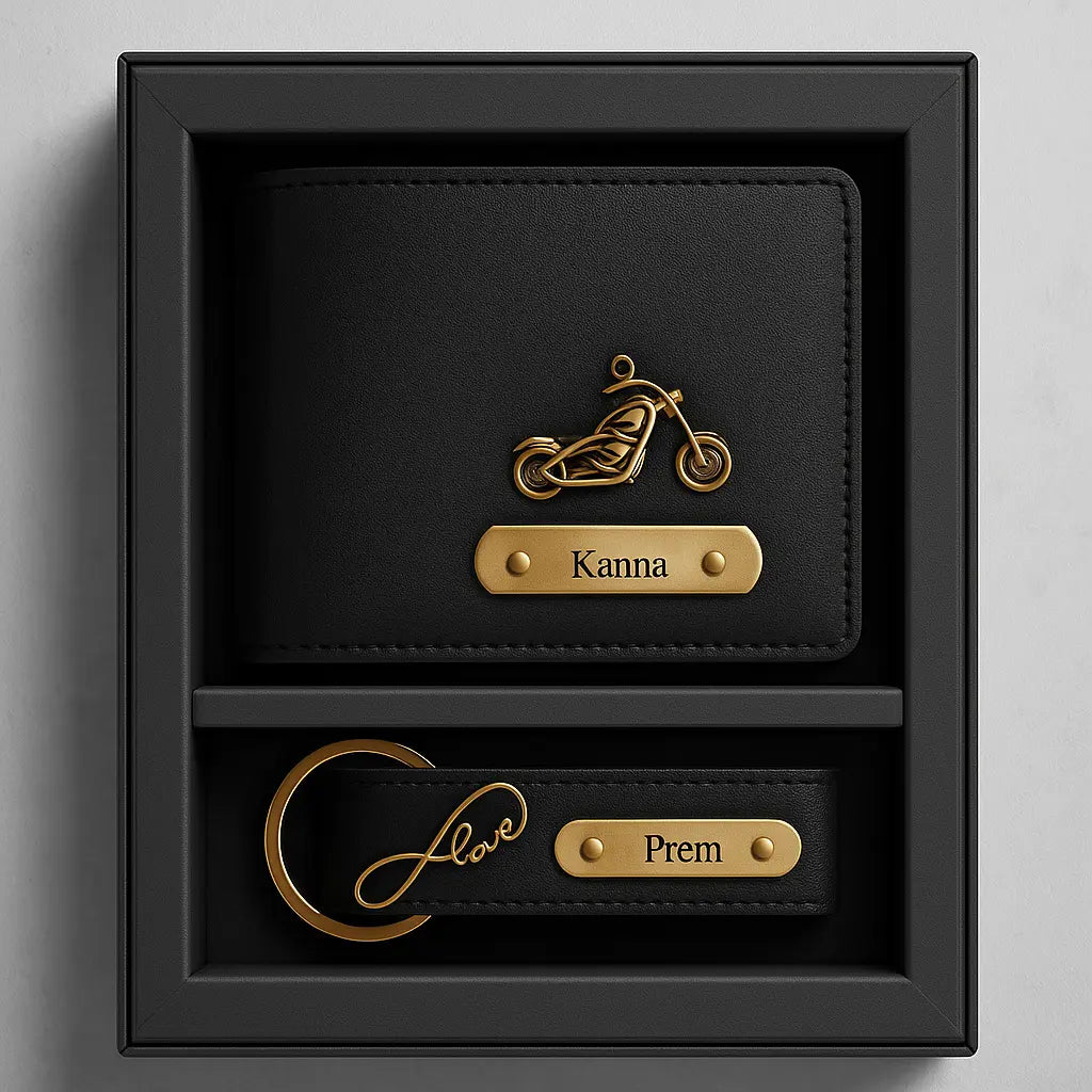Personalized Leather Imported Wallet and Imported Keychain Set, Black and Brown, Gold Embellishments, Custom Name Engraving Celedhub