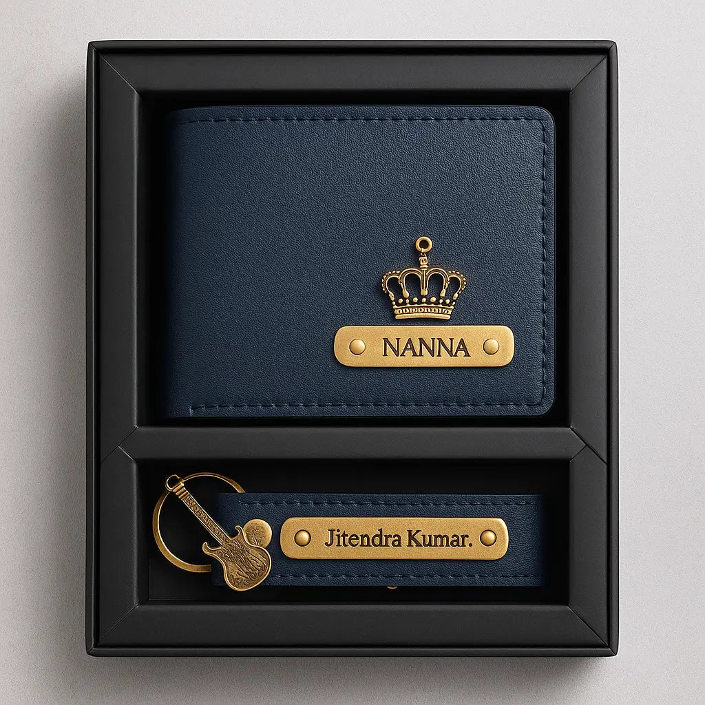 Personalized Leather Imported Wallet and Imported Keychain Set, Black and Brown, Gold Embellishments, Custom Name Engraving Celedhub