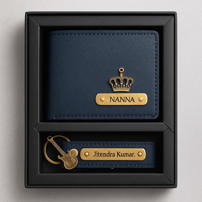 Personalized Leather Imported Wallet and Imported Keychain Set, Black and Brown, Gold Embellishments, Custom Name Engraving Celedhub