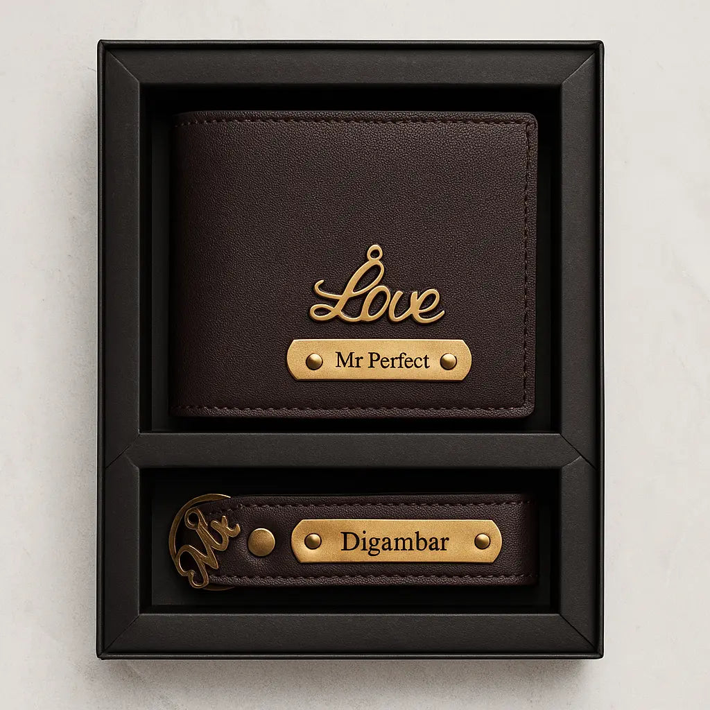 Personalized Leather Imported Wallet and Imported Keychain Set, Black and Brown, Gold Embellishments, Custom Name Engraving Celedhub
