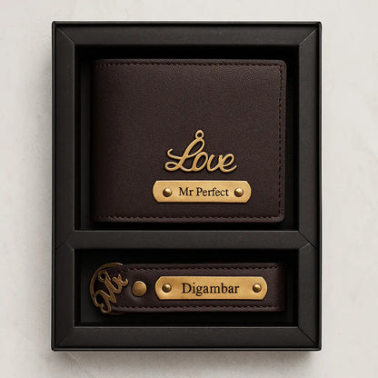 Personalized Leather Imported Wallet and Imported Keychain Set, Black and Brown, Gold Embellishments, Custom Name Engraving Celedhub