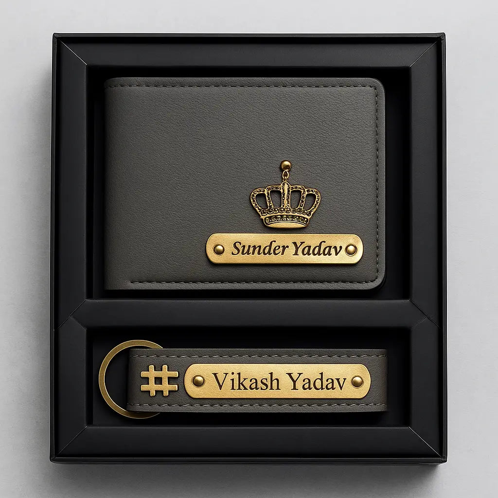 Personalized Leather Imported Wallet and Imported Keychain Set, Black and Brown, Gold Embellishments, Custom Name Engraving Celedhub