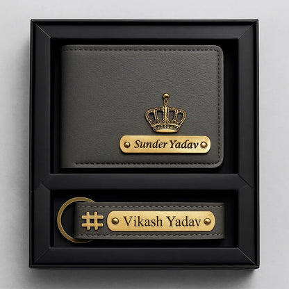 Personalized Leather Imported Wallet and Imported Keychain Set, Black and Brown, Gold Embellishments, Custom Name Engraving Celedhub