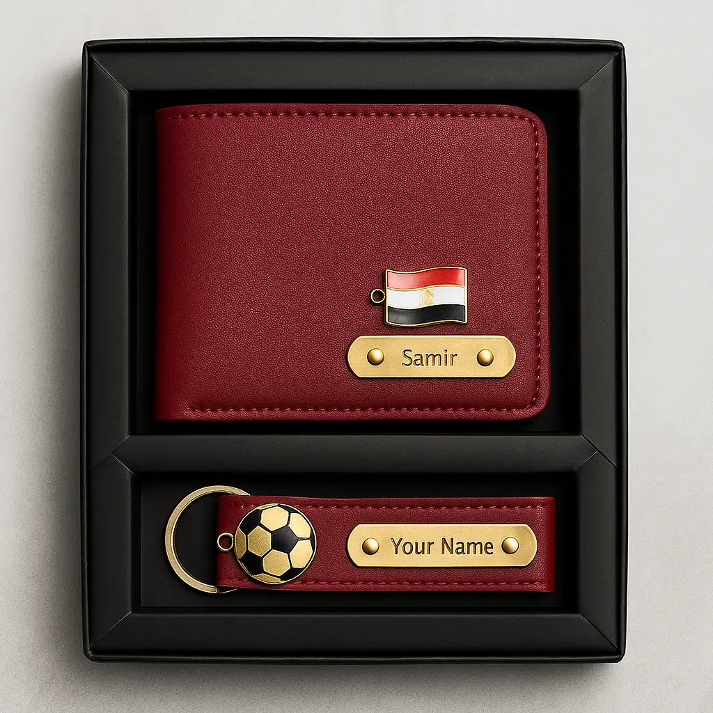 Personalized Leather Imported Wallet and Imported Keychain Set, Black and Brown, Gold Embellishments, Custom Name Engraving Celedhub