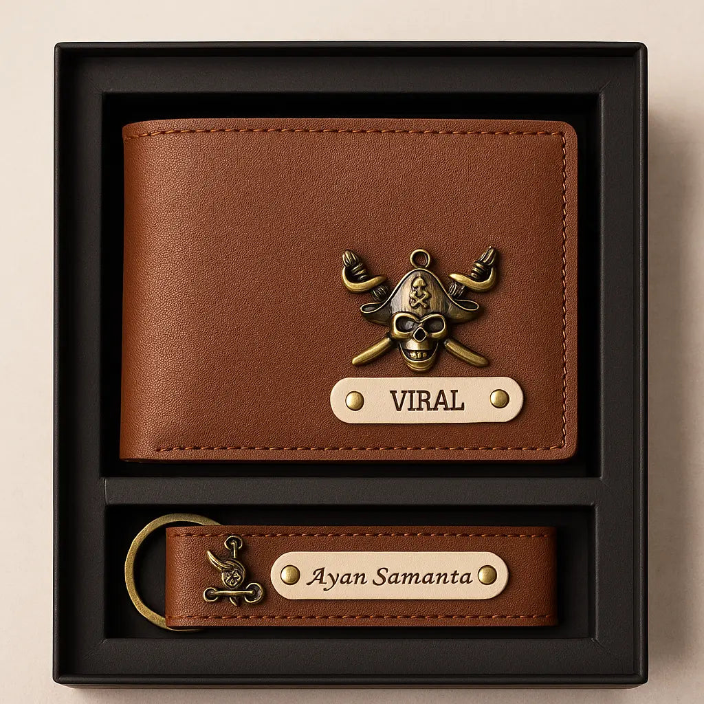 Personalized Leather Imported Wallet and Imported Keychain Set, Black and Brown, Gold Embellishments, Custom Name Engraving Celedhub