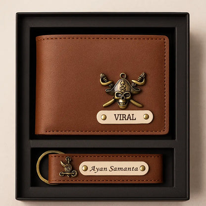 Personalized Leather Imported Wallet and Imported Keychain Set, Black and Brown, Gold Embellishments, Custom Name Engraving Celedhub