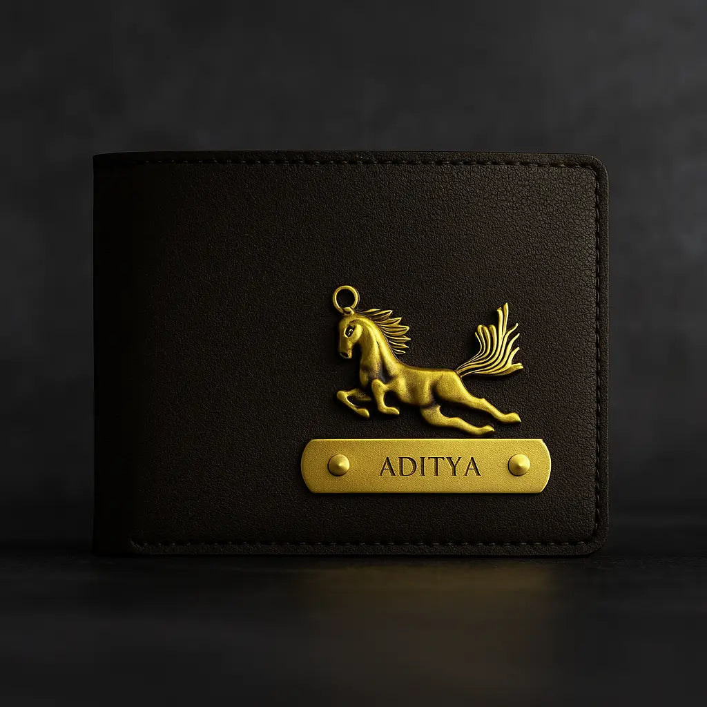 Personalized Leather Imported Wallet and Imported Keychain Set, Black and Brown, Gold Embellishments, Custom Name Engraving Celedhub