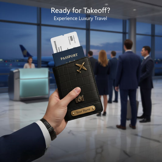 Personalized Croco Passport Cover with Gold Embellishments, with Black Leather, Customizable Name Plate (Black)