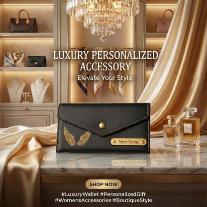 Women's 3 Fold Clutch Leather Wallet, Personalized Name Plate, Zipper Closure.